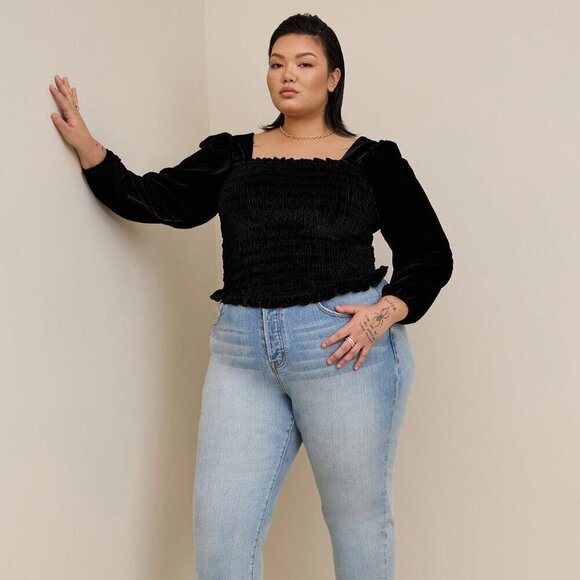 Torrid Velvet Smocked Blouson Sleeve Crop Top NWT 3x Black - Picture 2 of 11